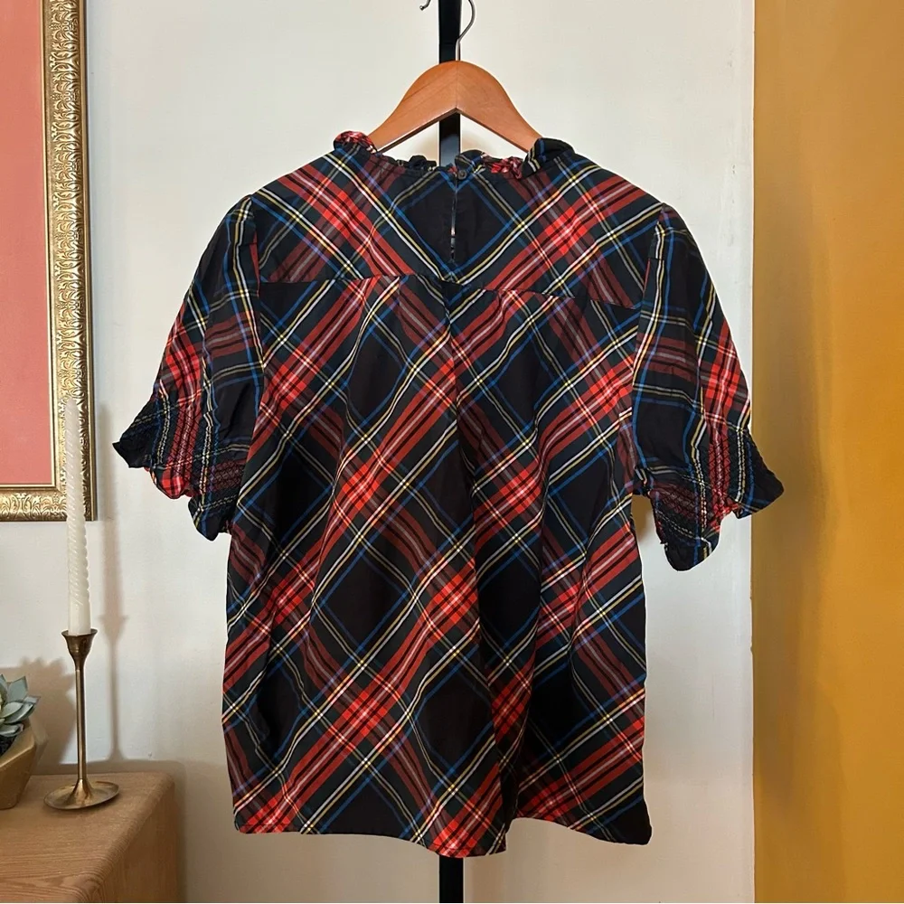 J. Crew Smocked Puff Sleeve Cotton Poplin Top Stewart Tartan Plaid Blouse Sz XXL